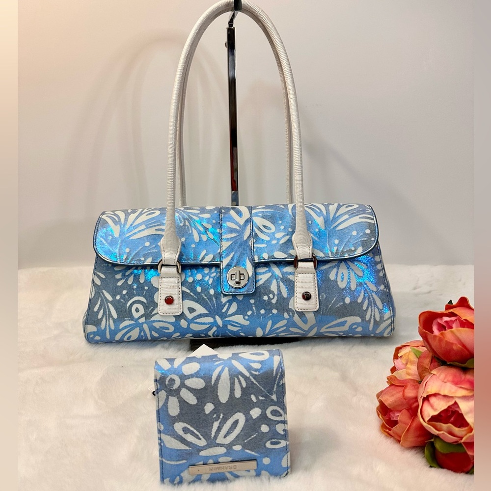 Brahmin Dayan satchel and Jane wallet in Bellbottom blue lucent